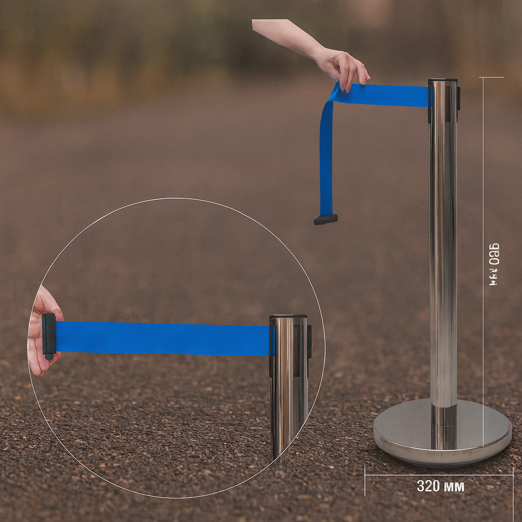 Тенсатор з витяжною стрічкою 2.5 м Срібний/Синій, стійка 90 см для зонування простору, фото 1