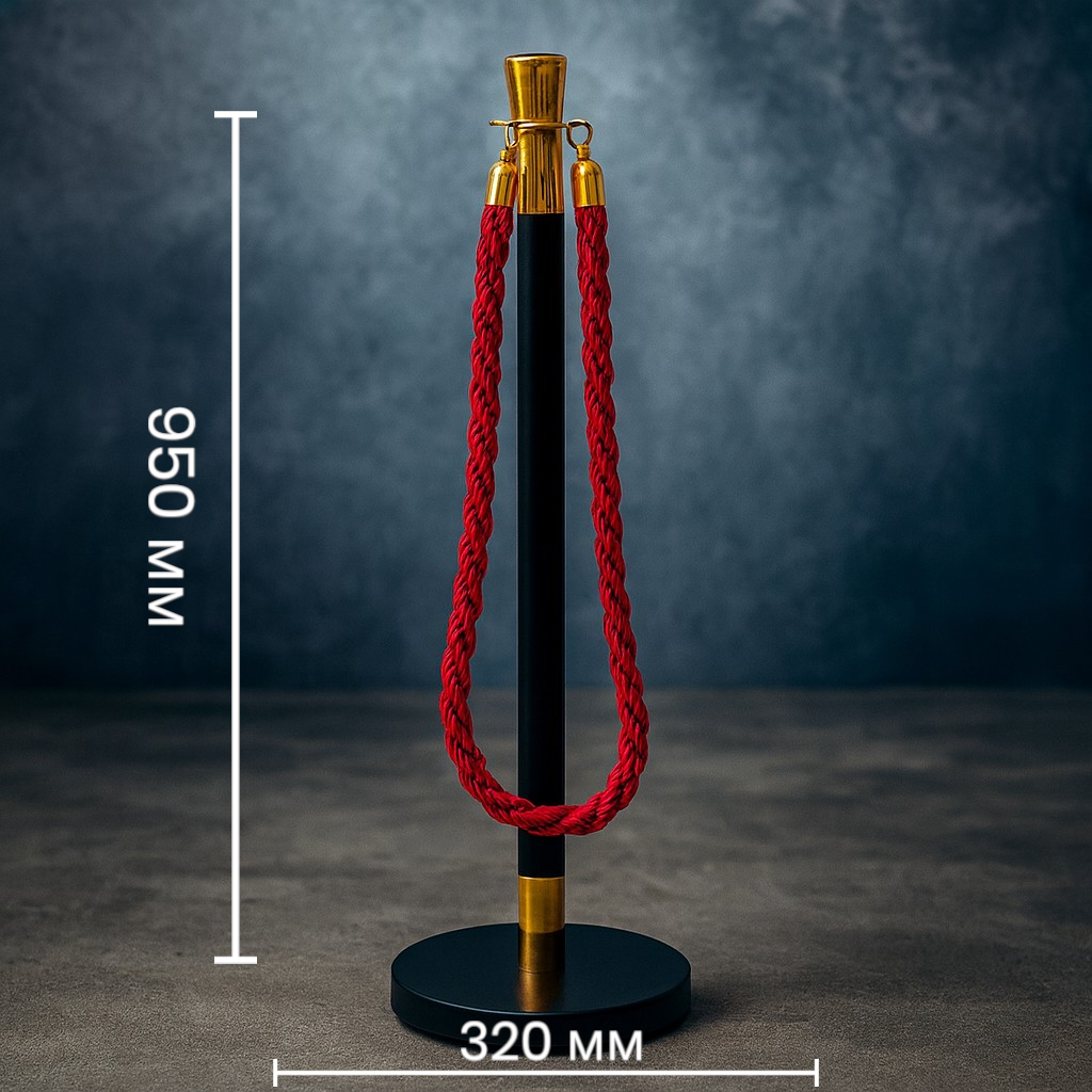 Стійка огорожі чорно-золота з червоним плетеним канатом 1.5 м, висота 950 мм, основа 32 см, фото 1