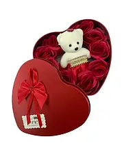 Подарунковий набір Ведмедик з рожами в коробочці сердечко м'який плюш розмір 25 см