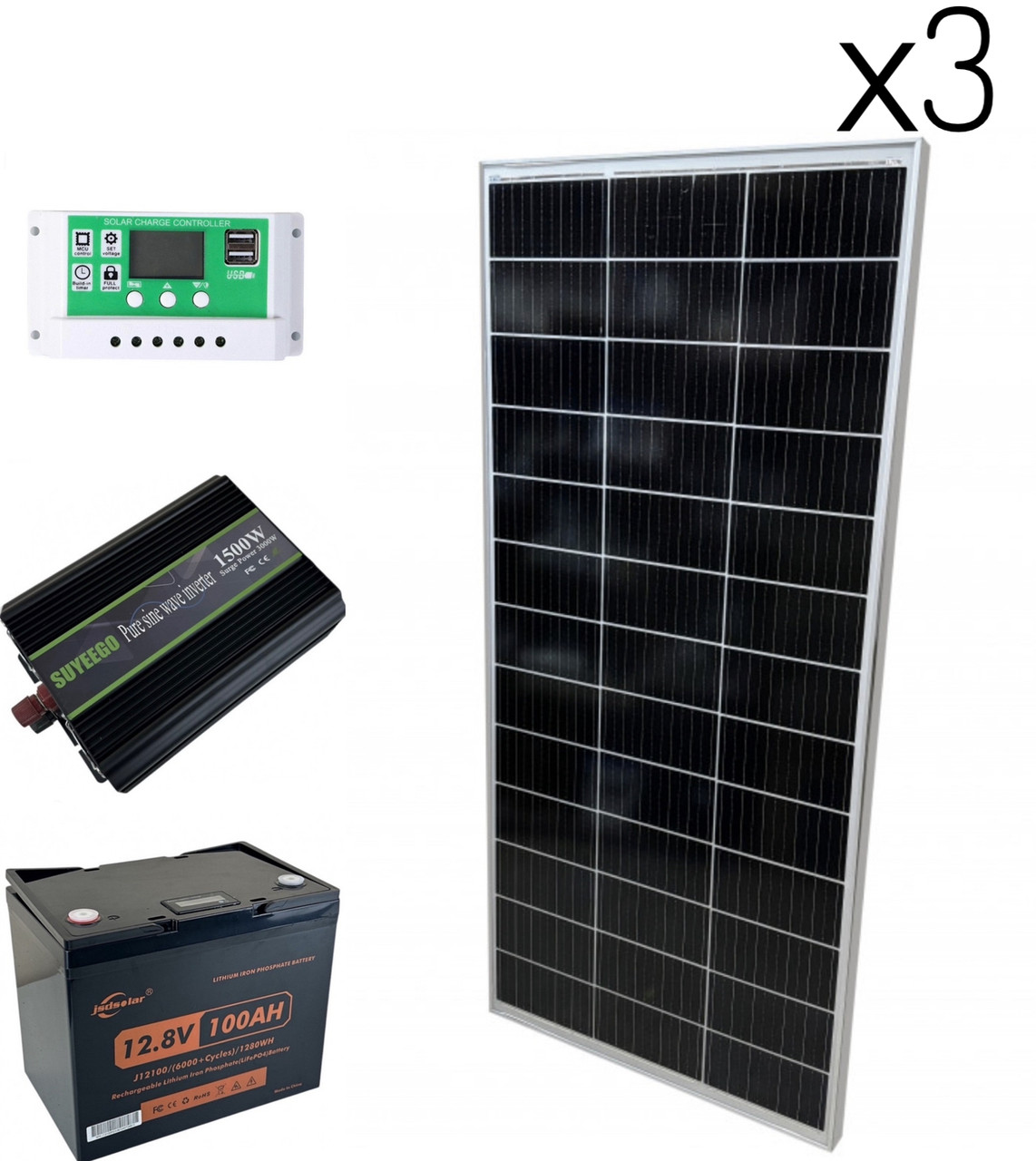 Комплект сонячної електростанції 1500Вт: панелі 3×170W + інвертор 1500/3000Вт чиста синусоїда + ШИМ 30A та АКБ LiFePO4 12.8V 100Ah