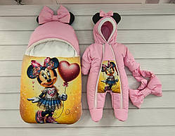 Спальник + комбінезон для новонароджених дівчаток, принт Minni із серцем, рожевий