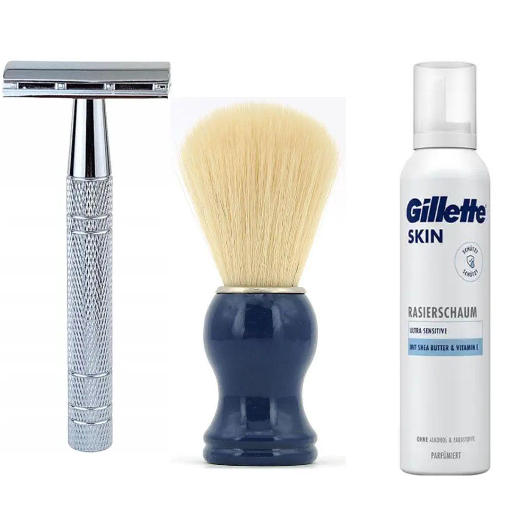 Класична Т-подібна бритва+10 лез + помазок з дерева SHIMA з ворсом борсука синій + піна для гоління Gillette Skin Ultra Sensitive, фото 1