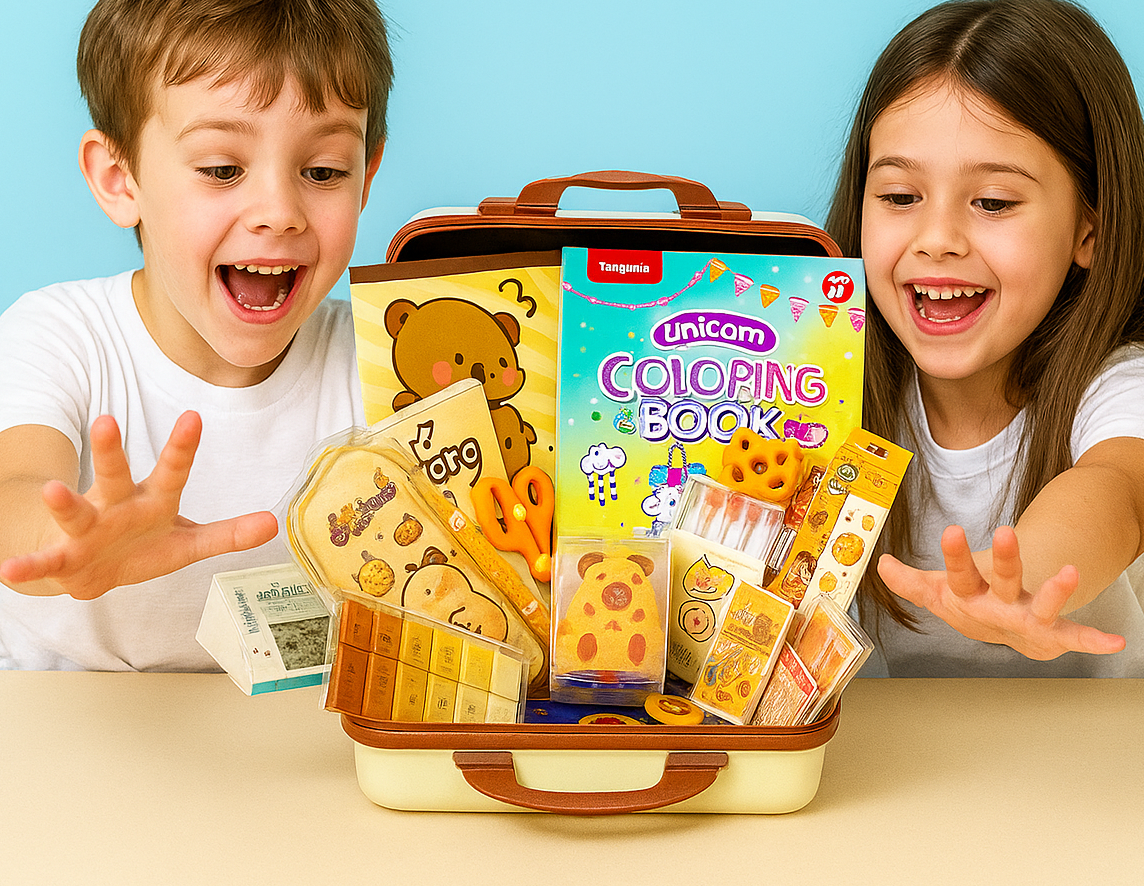 Подарунковий набір канцелярії для дітей Дитячий розвивальний канцелярський набір у 3D валізі Валіза 55в1, фото 1