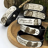 Шкіряний браслет з нержавіючою штампованою шильдою, гравіювання фото, подарунок чоловікові