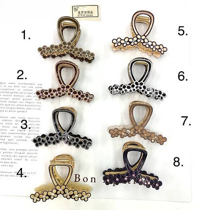 Краб для волосся міцний французький пластик із квіточками в стразах різні кольори розмір 8.5 см висота 5.5 см, фото 1