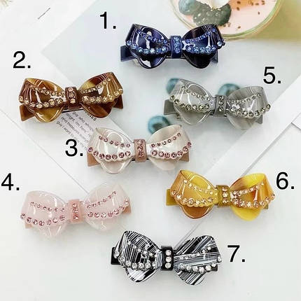 Шпилька автомат для волосся французький пластик бантики зі стразами різні кольори розмір 9 см висота 4 см, фото 1