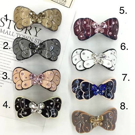 Шпилька автомат для волосся французький пластик метелик із кристалами різні кольори розмір 8 см висота 4 см, фото 1