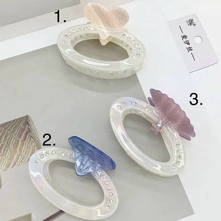 Краб для волосся міцний французький пластик із білими стразами серце мушля діамант розмір 7 см висота 5 см, фото 1