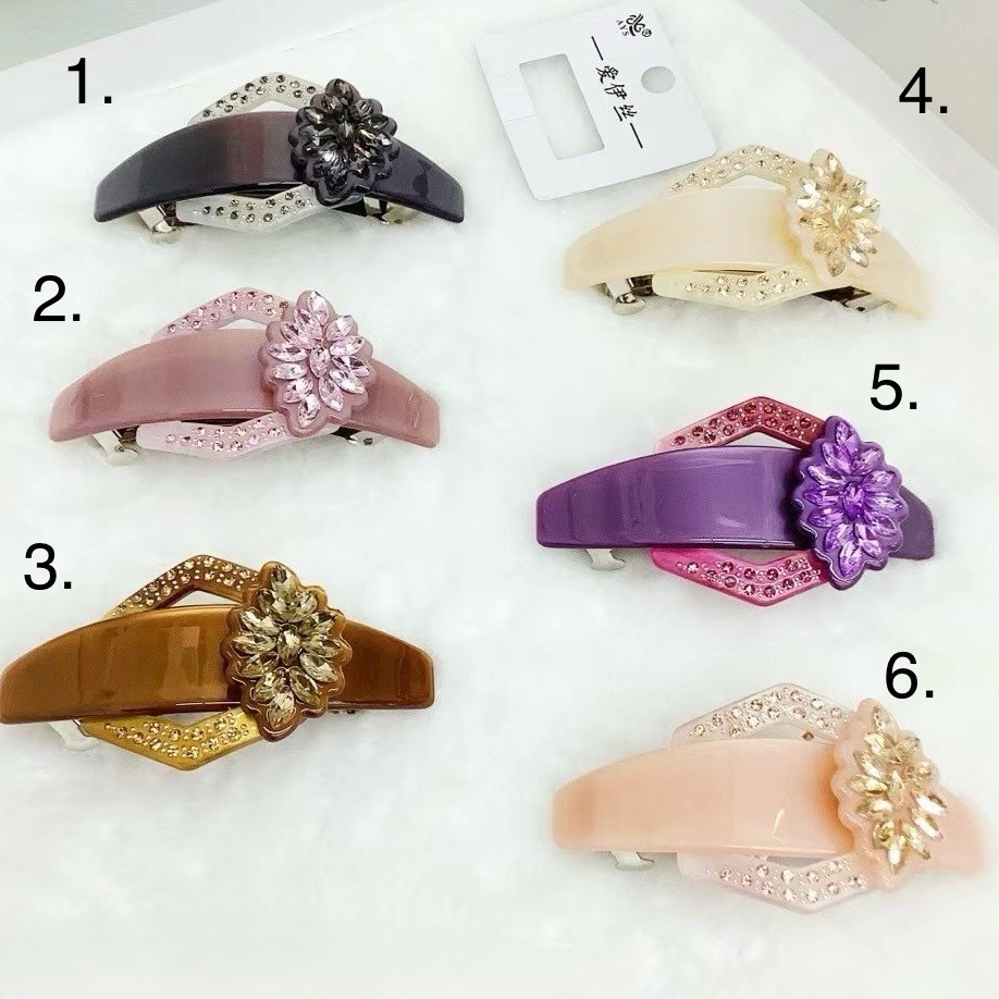 Шпилька автомат для волосся — французький пластик квіточки з кристалами різного кольору розмір 9 см висота — 4 см