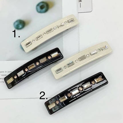 Шпилька автомат для волосся французький пластик чорна та бежева зі стразами довжина 9 см висота 1.5 см, фото 1