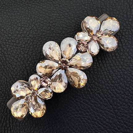 Шпилька автомат для волосся французький пластик квіточки з жовтогарячими кристалами розмір 9 см висота 3 см, фото 1