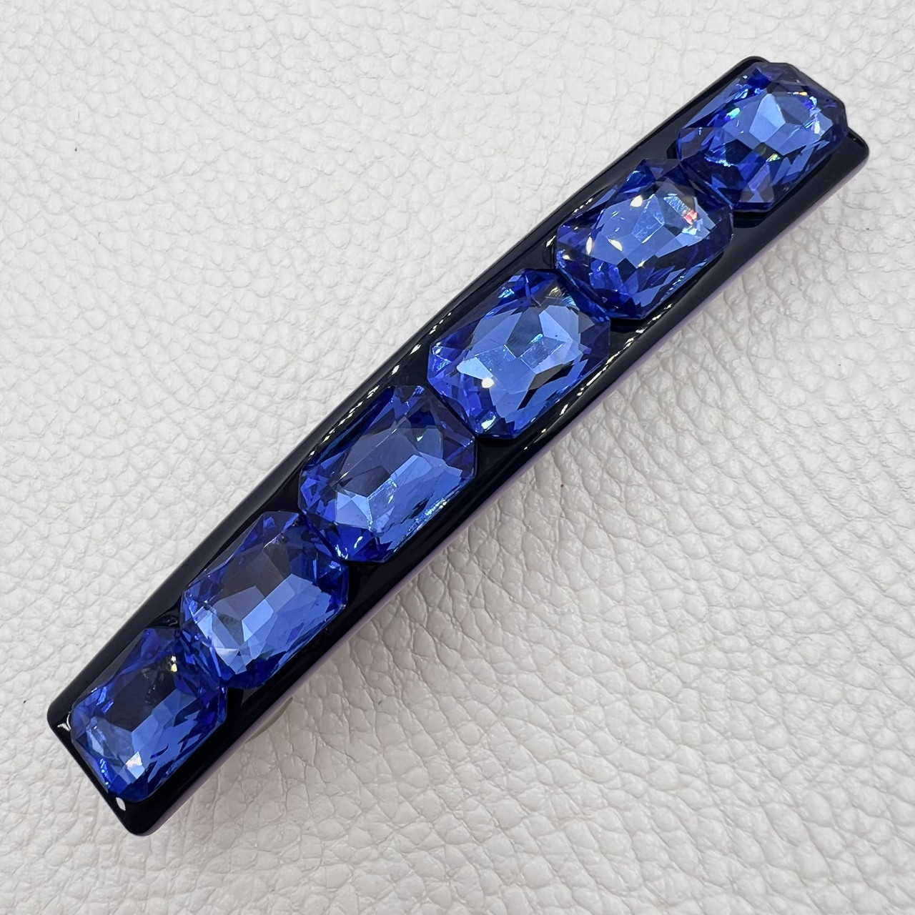 Шпилька автомат для волосся з синіми кристалами, що переливаються, розмір 9 см висота 1.5 см