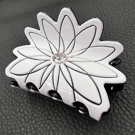 Краб для волосся міцний французький пластик квіточок білого кольору зі стразиком довжина 5.5 см висота 3.5 см, фото 1