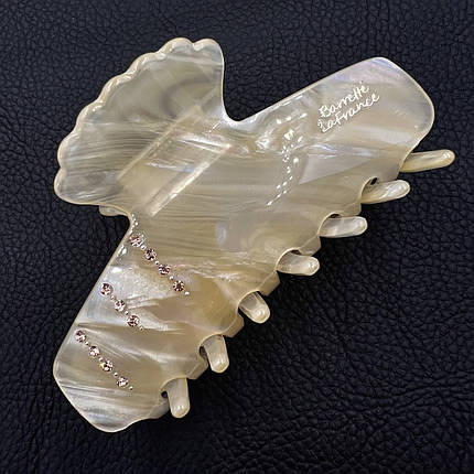 Краб для волосся міцний французький пластик бежевого кольору з камінчиками та написом довжина 9.5 см висота 4.5 см, фото 1