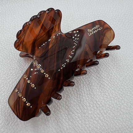 Краб для волосся міцний французький пластик темно-кармельний із коричневими розводами довжина 9.5 см висота 4.5 см, фото 1