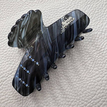 Краб для волосся міцний французький пластик чорного синього кольору в стразах із написом довжина 9.5 см висота 4.5 см, фото 1