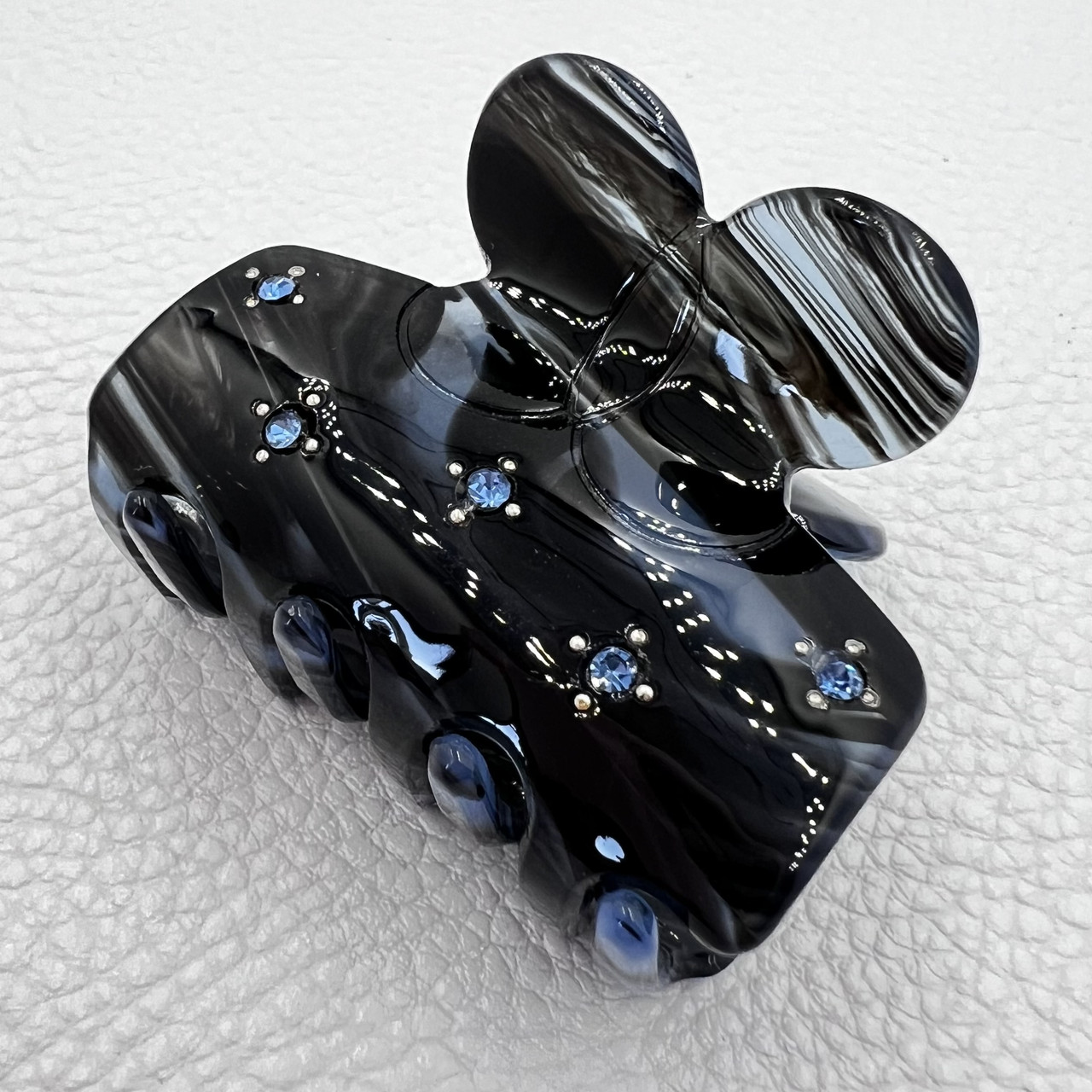 Краб для волосся міцний французький пластик чорного синього кольору з блакитними стразами довжина 5 см висота 4 см