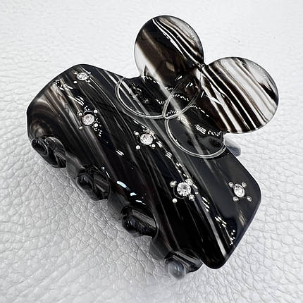 Краб для волосся міцний французький пластик чорно-білий кольору з білими стразами довжина 5 см висота 4 см, фото 1