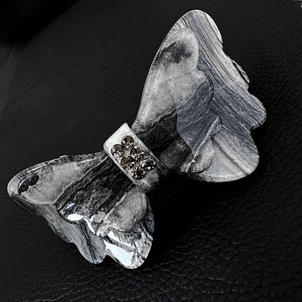 Шпилька автомат для волосся елегантний бантик двоколірний із сірими кристалами довжина 10.5 см висота 5 см, фото 1