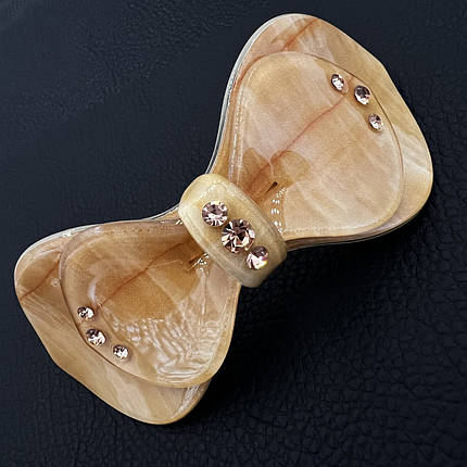 Шпилька автомат для волосся бантик бежевого кольору з рожевими камінчиками довжина 10 см висота 4 см, фото 1