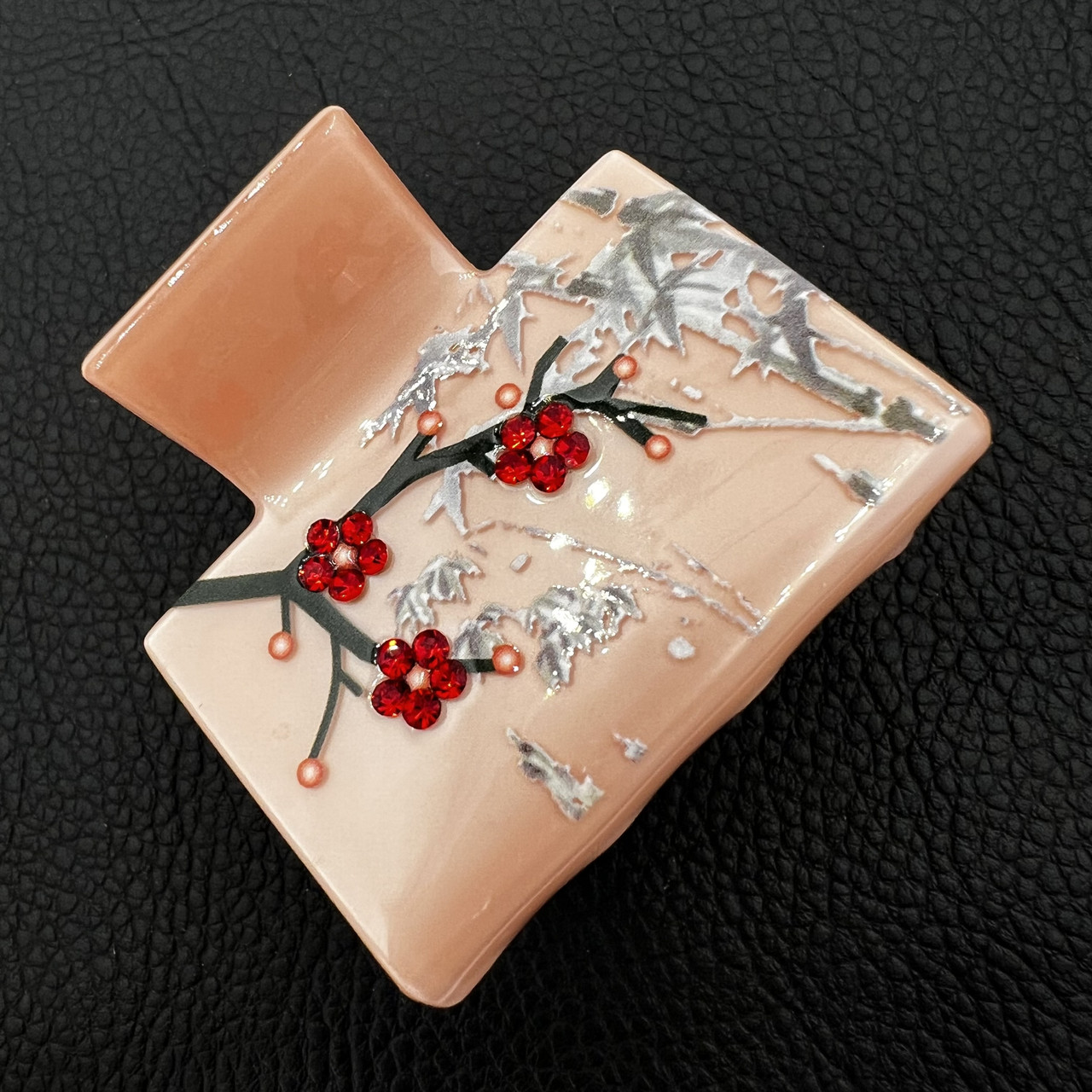 Краб для волосся міцний французький пластик персикового кольору квіточки в стразах довжина 5 см висота 4.5 см