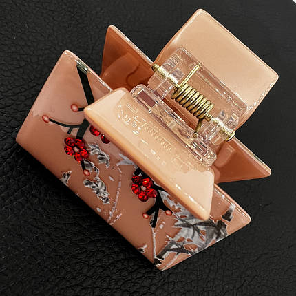 Краб для волосся міцний французький пластик персикового кольору квіточки в стразах довжина 5 см висота 4.5 см, фото 2