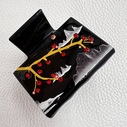 Краб для волосся міцний французький пластик чорного кольору гілочка в стразах довжина 5 см висота 4.5 см, фото 1