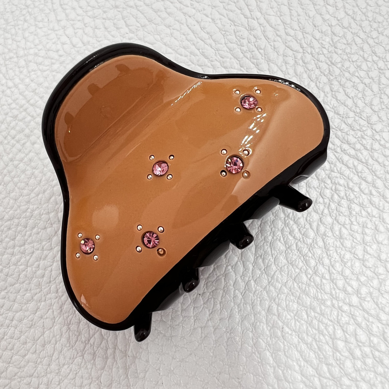 Краб для волосся міцний французький пластик персикового кольору з рожевими камінцями довжина 3.5 см ширина 5 см