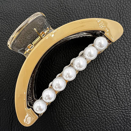 Краб для волосся міцний французький пластик глянсовий світло-коричневий із намистинами довжина 4.5 см ширина 9 см, фото 1