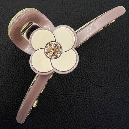 Краб для волосся пластик пвх глянсовий із квіточкою в стразах бежево-перикового кольору довжина 4 см ширина 11 см, фото 1