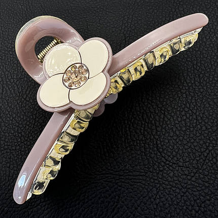 Краб для волосся пластик пвх глянсовий із квіточкою в стразах бежево-перикового кольору довжина 4 см ширина 11 см, фото 2