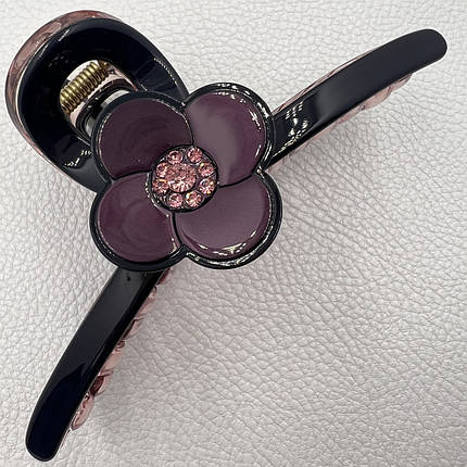 Краб для волосся пластик пвх глянсовий із квіточкою в стразах темно-фіолетового кольору довжина 4 см ширина 11 см, фото 1