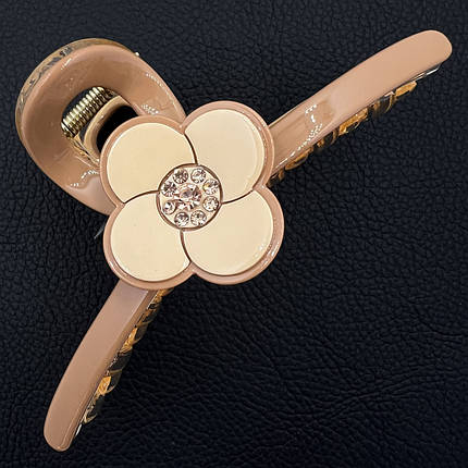 Краб для волосся пластик пвх глянсовий із квіточкою в стразах персикового кольору довжина 4 см ширина 11 см, фото 1