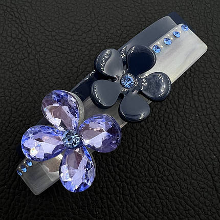 Шпилька автомат пВх для волосся з квітами та стразами синього відтінку довжина 9 см висота 2.5 см, фото 1