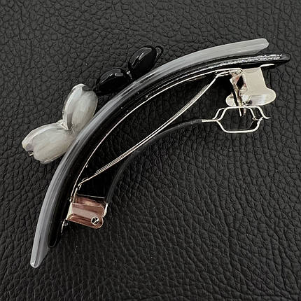 Шпилька автомат пВх для волосся з квітами та стразами синього відтінку довжина 9 см висота 2.5 см, фото 3