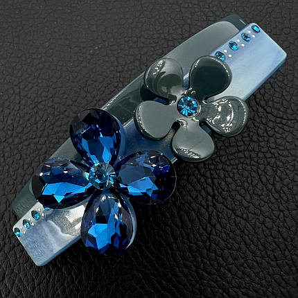 Шпилька автомат пВх для волосся з квітами та стразами синього бірюзового кольору довжина 9 см висота 2.5 см, фото 1