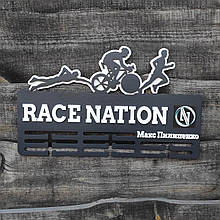 Медальниця для спортсмена з логотипом. Вішалка троєборство. Вішалка для нагород з триатлону. Вішалка для нагород