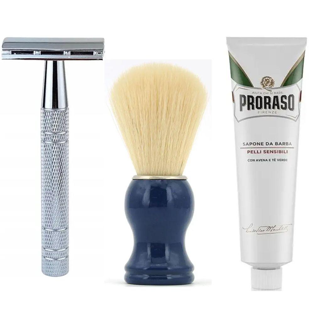 Класична Т-подібна бритва+10 лез + помазок з дерева SHIMA з ворсом борсука синій + крем для гоління Proraso для чутливої шкіри, фото 1