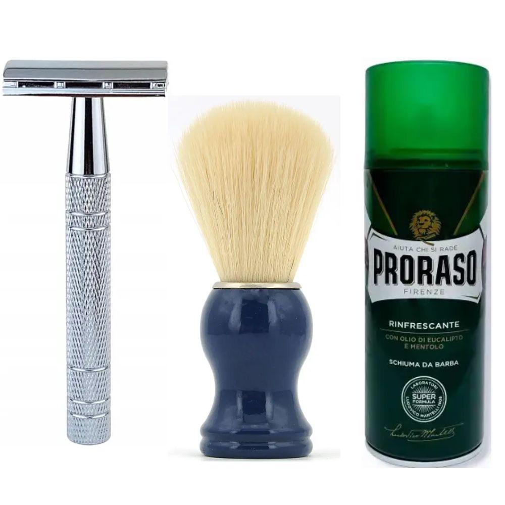 Класична Т-подібна бритва+10 лез + помазок з дерева SHIMA з ворсом борсука синій + піна для гоління Proraso тонізуюча з евкаліптом, фото 1