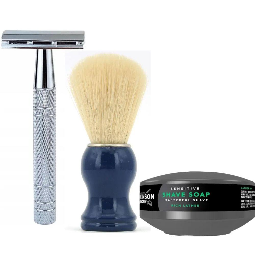 Класична Т-подібна бритва+10 лез + помазок з дерева SHIMA з ворсом борсука + мило для гоління Wilkinson Sword для чутливої шкіри, фото 1