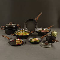 Набір сковорідок та каструль із покриттям Qualum Basic Stone Edition Darkwood, 10 предметів, AMBITION
