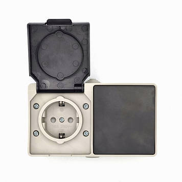 Розетка накладна вологозахищена з з/к і кришкою та 1-й вимикач T-proof cірий