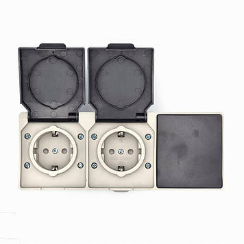 Розетка накладна вологозахищена двомісна з з/к і кришкою та 1-й вимикач T-proof cірий