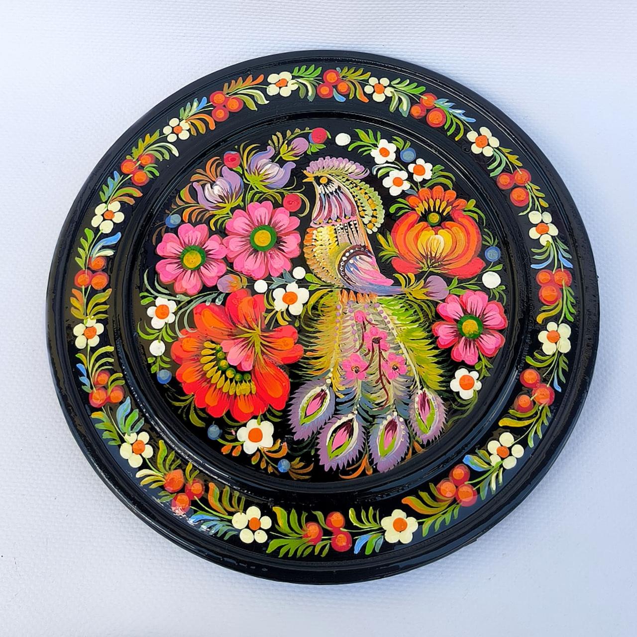 Дерев'яна тарілка 20 см з петриківським розписом "Пташка", гарний подарунок у подарунковій коробці