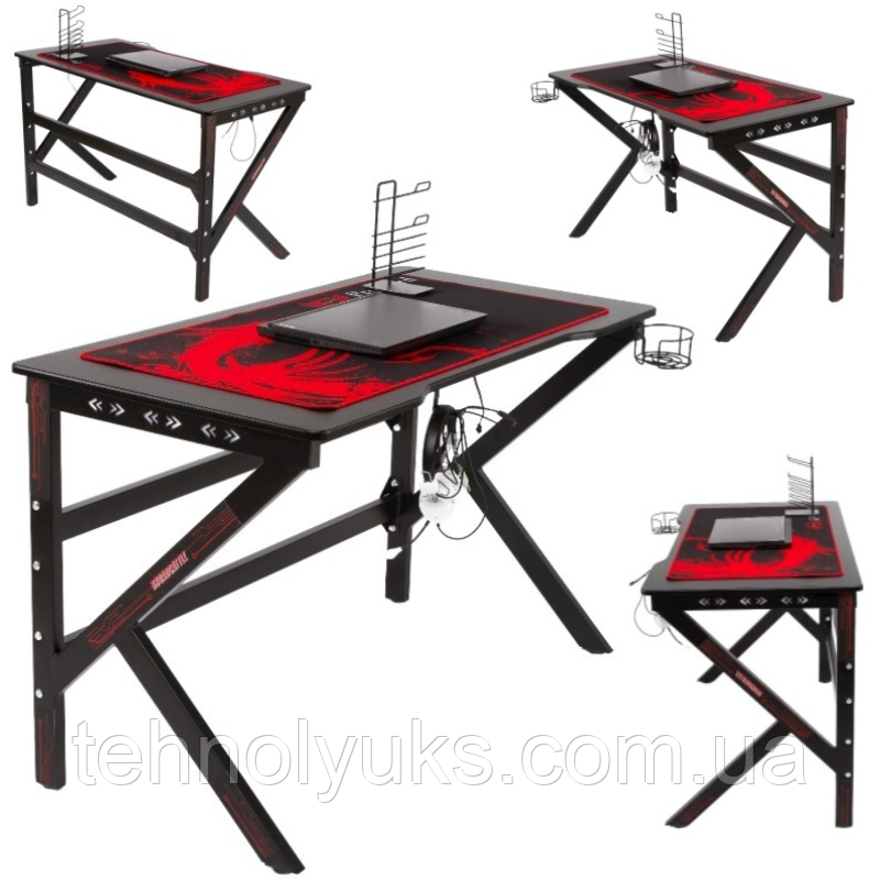 Ігровий комп’ютерний стіл з RGB LED-підсвічуванням, тримачем для навушників та чашки, Чорний, фото 1