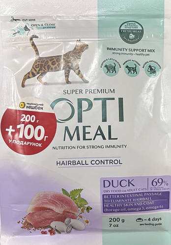 OptimealCatAdultDuckHairballControl(200+100),0,3кг-кормдлякошексуткой
