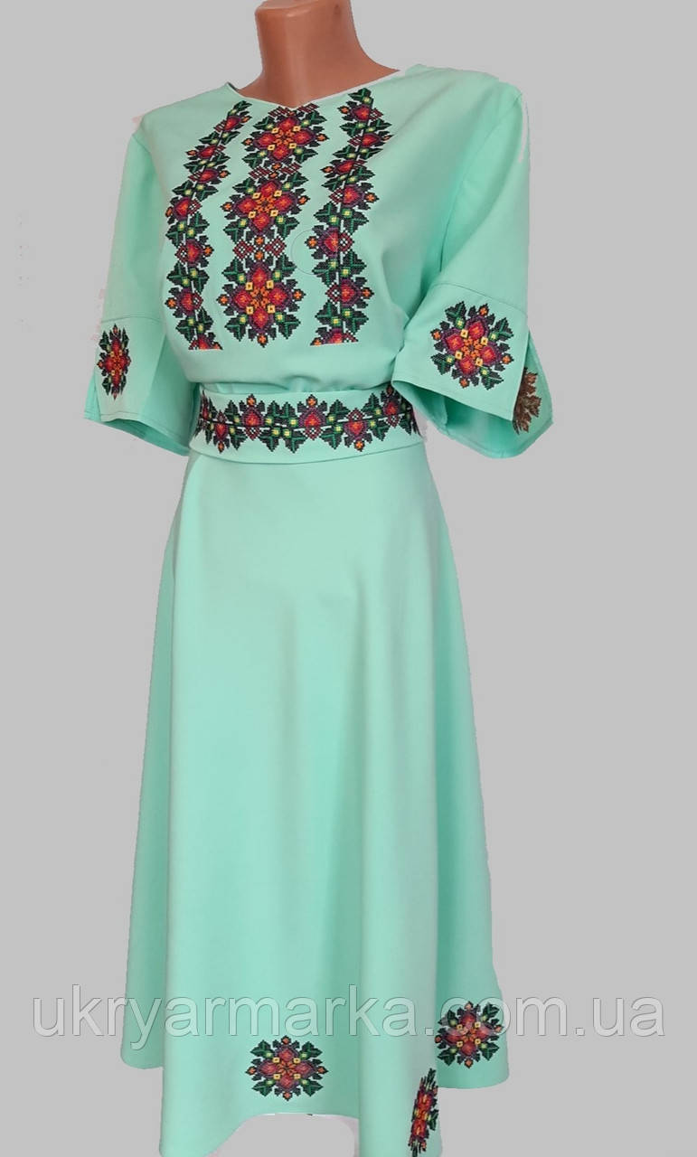 Бірюзова вишита сукня з розкльошоною спідницею "Весняна роса"