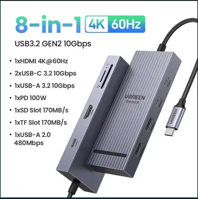UGREEN hub 8 in 1 HDMI 4K 60Hz, Type C ,PD 100W, SD/TF, USB-A, фото 1