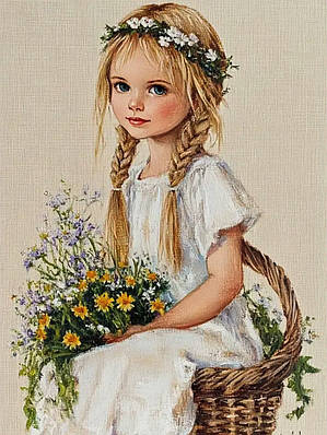 Набір для вишивання за нанесеною на канву схемою "Дівчинка в кошику з квітами".AIDA 14CT printed, 30*40 см