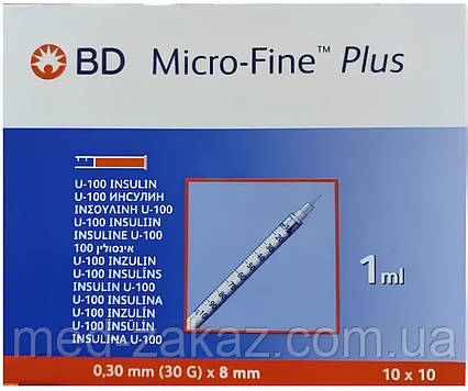 Інсуліновий Шприц BD Micro-Fine Plus 1,0 мл 30G 0,30 x 8 мм U-100 (100 шт.)